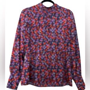 HALOGEN top, size small, long sleeves, red print, peplum, high collar, roomy fit